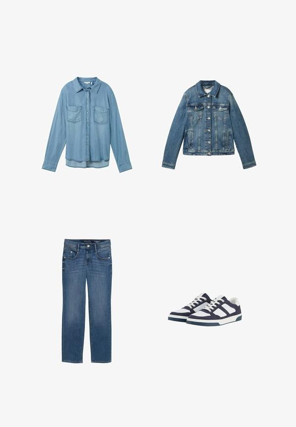 Denimjakke i mellemblå med lange ærmer, knaplukning, to brystlommer og en lige krave. Blød tekstur med let falming.; Lysblå denimskjorte med lange ærmer, knaplukning og to forlommer. Har en klassisk krave og en let buet kant.; Straight-leg jeans i medium blå denim, med fem lommer, subtile falmninger og syede detaljer langs sømmene.; Marineblå og hvide canvas sneakers med et lavt design, der har snørebånd, gummisåler og kontrasterende stribede detaljer.