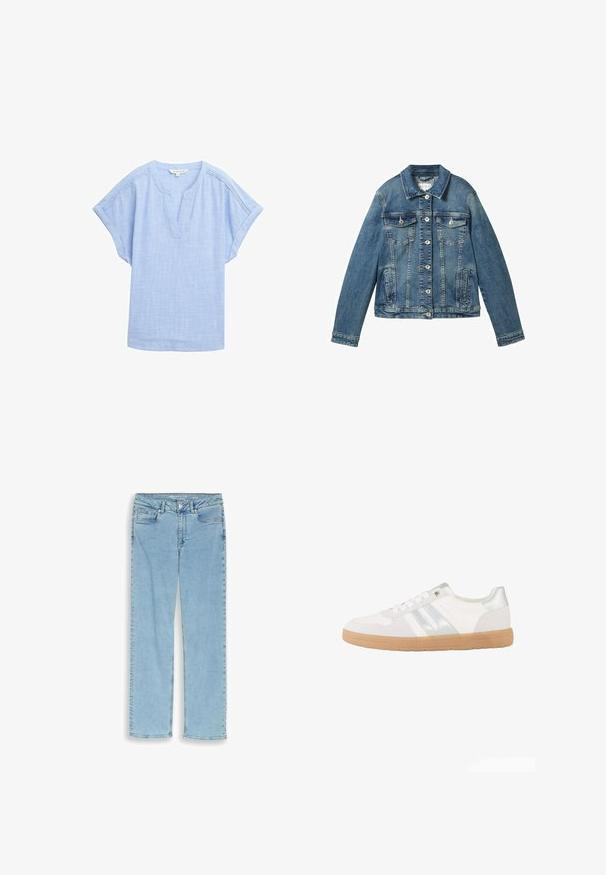 Denim jacket in medium blue met lange mouwen, knoopsluiting, twee borstzakken en een rechte kraag. Zachte textuur met lichte vervaging.; Lichtblauw shirt met korte mouwen in een ademende stof, met een v-hals en een subtiele textuurpatroon overal.; Lichtblauwe rechte spijkerbroek met knopen aan de voorkant, ritssluiting en vijfzakkenmodel, vlak uitgespreid op een witte achtergrond.; Witte lage sneaker met zilveren strepen, witte veters en een lichtbruine rubberen zool, zijaanzicht op een witte achtergrond.