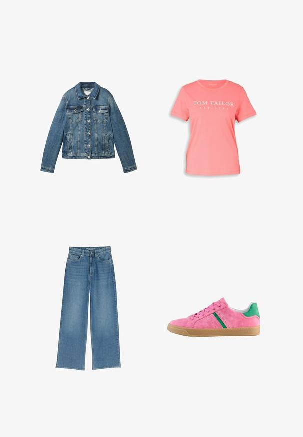 Denim jacket in medium blue met lange mouwen, knoopsluiting, twee borstzakken en een rechte kraag. Zachte textuur met lichte vervaging.; Koraalroze T-shirt met korte mouwen, een ronde hals en witte tekst "TOM TAILOR EST-1962" gedrukt op de voorkant.; Lichtblauwe wijde denimmuts met een hoge taille, vijf zakken en zichtbare stiksels; de stof heeft een licht gestructureerde afwerking.; Roze suède sneakers met groene hielaccent en strepen. Heeft een ronde neus, vetersluiting aan de voorkant en een gumrubberen zool. Geperforeerde details aan de zijkanten.