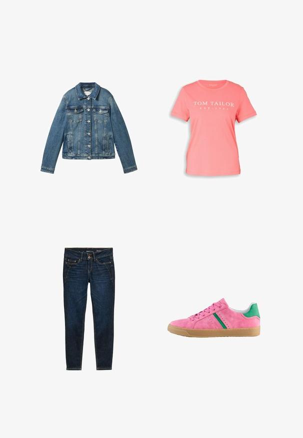 Denim jacket in medium blue met lange mouwen, knoopsluiting, twee borstzakken en een rechte kraag. Zachte textuur met lichte vervaging.; Koraalroze T-shirt met korte mouwen, een ronde hals en witte tekst "TOM TAILOR EST-1962" gedrukt op de voorkant.; Donkerblauwe denim jeans met een slim fit, voorzien van oranje stiksels, vijf zakken en een knoopsluiting bij de taille.; Roze suède sneakers met groene hielaccent en strepen. Heeft een ronde neus, vetersluiting aan de voorkant en een gumrubberen zool. Geperforeerde details aan de zijkanten.