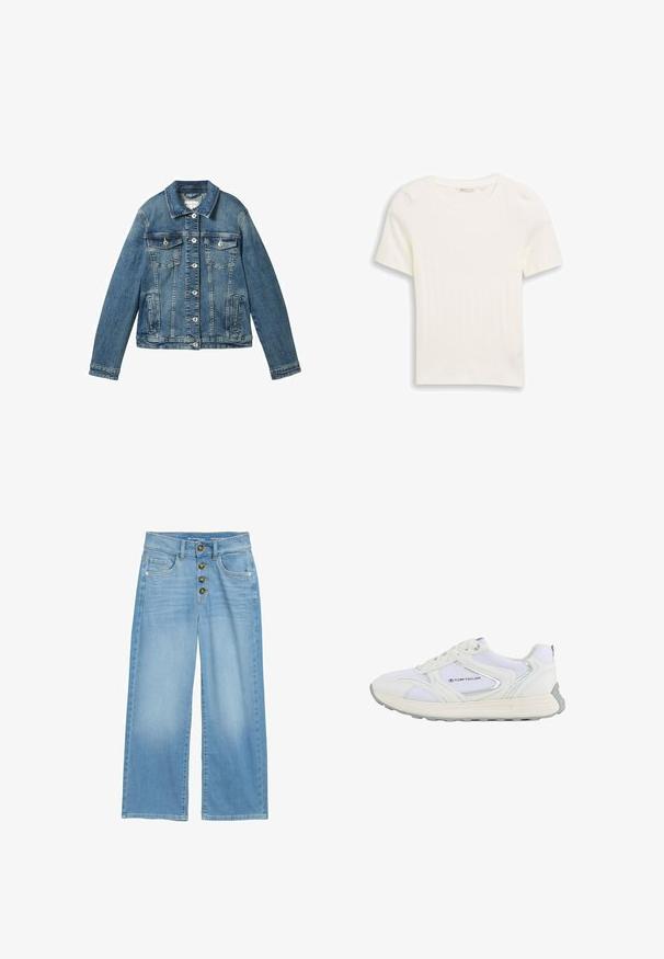 Jeansjacke in Mittelblau mit langen Ärmeln, Knopfverschluss, zwei Brusttaschen und einem geraden Kragen. Weicher Stoff mit leichter Verwaschung.; Cremefarbiges, kurzärmeliges, geripptes Strick-T-Shirt mit rundem Ausschnitt, flach liegend auf weißem Hintergrund.; Helle blaue Hochbund-Jeans im weit geschnittenen Stil aus Denim, mit einer fünfknöpfigen Verschlussleiste und zwei vorderen Taschen. Vielseitige, glatte Textur.; Weißer Sportschuh mit einem Obermaterial aus Mesh und Synthetik, ausgestattet mit silbernen Akzenten und einer strukturierten Gummisohle, beschriftet mit "TOM TAILOR."