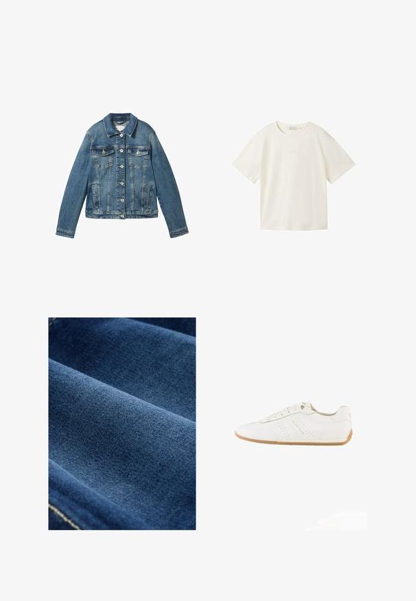 Jeansjacke in Mittelblau mit langen Ärmeln, Knopfverschluss, zwei Brusttaschen und einem geraden Kragen. Weicher Stoff mit leichter Verwaschung.; TOM TAILOR DENIM T-Shirt basic - gardenia white; Dunkelblauer Denim-Stoff mit glatter Textur, sichtbarem Gewebe und subtiler Dehnung. Verfügt über schwache Nähte entlang der Kanten.; Weißer Sneaker in niedrigem Schnitt mit beiger Gummisohle, Schnürsenkeln, seitlichen Perforationsdetails und "Tom Tailor" Logo an der Seite.