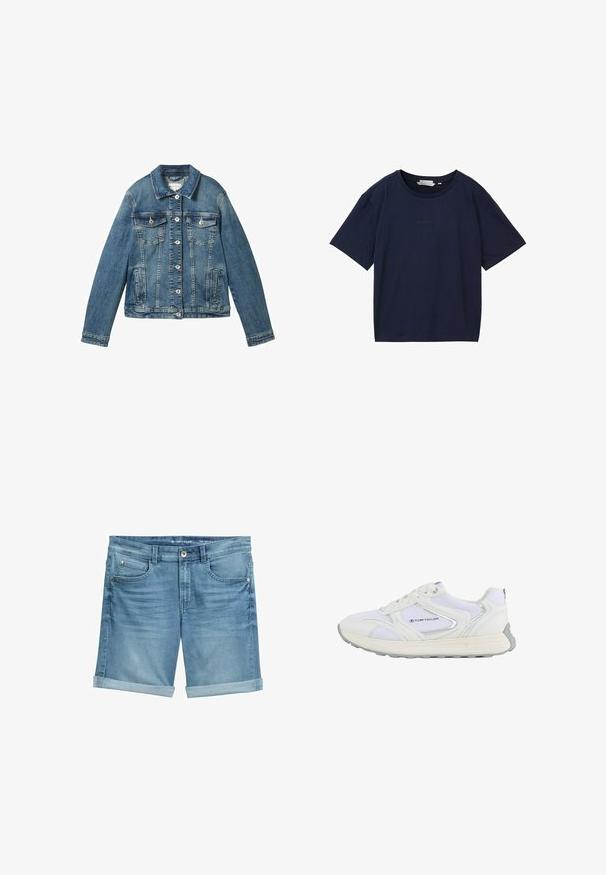 Denim jacket in medium blue met lange mouwen, knoopsluiting, twee borstzakken en een rechte kraag. Zachte textuur met lichte vervaging.; TOM TAILOR DENIM T-shirt basic - sky captain blue; Leren denim shorts in lichtblauw met een vervaagde afwerking, met opgerolde pijpen, een vijf-pocket ontwerp en een metalen knoopsluiting bij de taille.; Witte sportschoen met een bovenwerk van mesh en synthetisch materiaal, voorzien van zilveren accenten en een gestructureerde rubberen zool, gelabeld "TOM TAILOR."