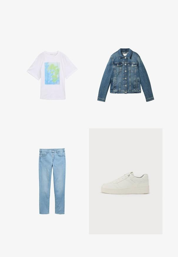 Denim jacket in medium blue met lange mouwen, knoopsluiting, twee borstzakken en een rechte kraag. Zachte textuur met lichte vervaging.; Witte katoenen t-shirt met een rechthoekige grafische print in blauwe en groene abstracte patronen aan de voorkant. Korte mouwen en ronde hals.; Lichtblauwe denim jeans met een getailleerd ontwerp, vijf zakken en een knoopsluiting met vijf zichtbare knopen. Glad textuur en klassieke snit.; Witte sneaker met een gladde leren buitenkant, ronde neus, zes oogjes, gevoerde kraag en een gestructureerde rubberen zool. Subtiel merkembleem aan de zijkant.