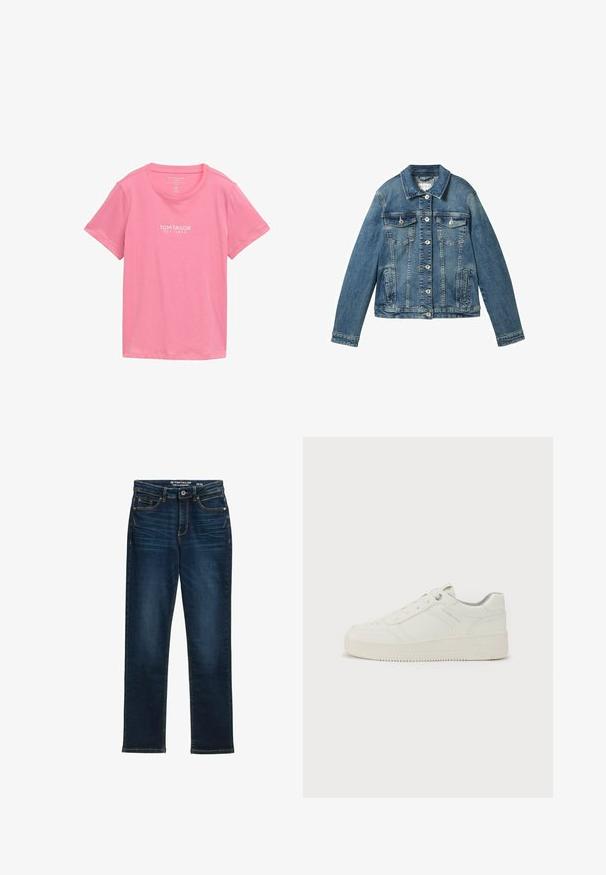 Denimjakke i mellemblå med lange ærmer, knaplukning, to brystlommer og en lige krave. Blød tekstur med let falming.; Lyserød T-shirt med korte ærmer lavet af blødt stof. Har rund halsudskæring og en hvid mærkelogo trykt på forsiden.; Mørkeblå lige ben jeans lavet af denim, med fem lommer, metalknaplukning og kontraststikning. Ingen synlige slidmærker.; Hvide sneakers med en glat læderoverflade, rund tå, seks snørrehuller, polstret krave og struktureret gummisål. Diskret mærkelogo på siden.