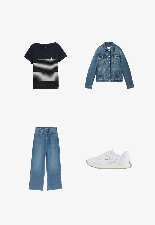 Denim jacket in medium blue met lange mouwen, knoopsluiting, twee borstzakken en een rechte kraag. Zachte textuur met lichte vervaging.; Marineblauwe t-shirt met witte horizontale strepen, ronde halslijn, korte mouwen en een klein hartlogo met de tekst "TOM TAILOR" op de voorkant.; Lichtblauwe wijde denimmuts met een hoge taille, vijf zakken en zichtbare stiksels; de stof heeft een licht gestructureerde afwerking.; Witte sportschoen met een bovenwerk van mesh en synthetisch materiaal, voorzien van zilveren accenten en een gestructureerde rubberen zool, gelabeld "TOM TAILOR."