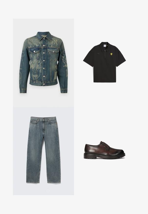 Spijkerjasje met knoopsluiting aan de voorkant, twee borstzakken en vervaagde grafische prints, waaronder gezichten en abstracte ontwerpen op de mouwen en voorkant.; Zwarte poloshirt met korte mouwen en een ritssluiting op de kraag, met een geel Ferrari-logo en een grijs Puma-logo op de borst.; Blauwe recht gesneden spijkerbroek met voor- en achterzakken, riemlussen en knoopsluiting, plat gelegd op een witte achtergrond.; Bruine leren dresschoenen met een gladde afwerking, ronde neus en veterontwerp. Beschikt over een stevige zwarte rubberen zool met grip.