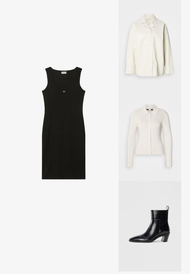 Veste en cuir synthétique de couleur crème avec un col, une fermeture à boutons et des manches longues. Texture lisse et coupe décontractée.; Cardigan crème à côtes avec des manches longues, un col et des fermetures à boutons. Caractérisé par une texture douce et une coupe ajustée.; Robe noire sans manches atteignant les genoux, avec encolure dégagée et petit écusson logo centré sous le col.; Bottine en cuir noir avec un bout pointu, un talon empilé géométrique et une languette à l'arrière. Texture lisse et design épuré.