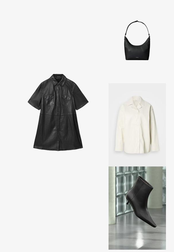 Crème-kleurig imitatie leren shirt jack met een kraag, knoopsluiting en lange mouwen. Gladde textuur en ruime pasvorm.; Zwarte leren shirtjurk met korte mouwen, kraag, twee borstzakken en een sluiting met knopen aan de voorkant. Soepele textuur met geknipte naden.; Zwarte leren enkellaars met puntige neus en lage hak, afgebeeld tegen een glazen blokkenmuur en gepolijste vloer op de achtergrond.; Zwarte gestructureerde leren schoudertas met een enkele riem en een klein Calvin Klein-logo aan de voorkant in het midden.