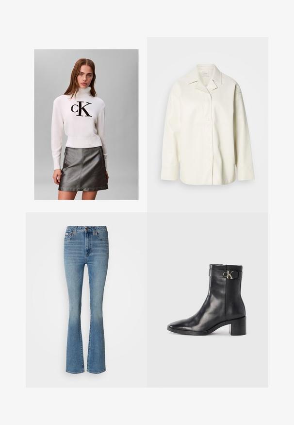 Crème-kleurig imitatie leren shirt jack met een kraag, knoopsluiting en lange mouwen. Gladde textuur en ruime pasvorm.; Jonge vrouw draagt een witte coltrui met zwart "CK"-logo en een metalen donkergrijze leren rok, staand tegen een effen achtergrond.; Lichtblauwe flared jeans van denim, met een hoge taille, vervaagde wassing en zichtbare stiksels, en bruine hardwareaccenten.; Zwarte leren enkellaars met een spitse neus, blokhak en een bandje met een metallic logo. Gladde textuur en minimalistisch ontwerp.
