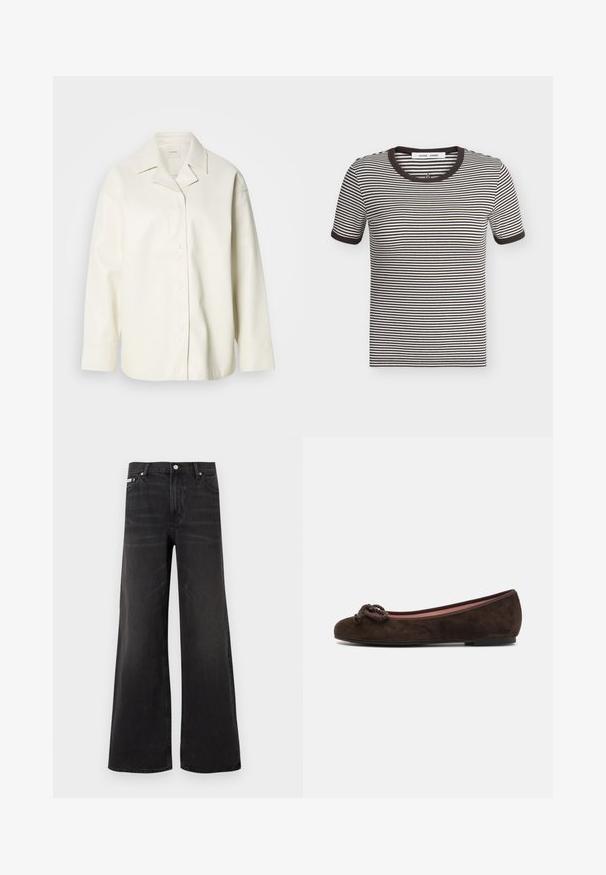 Veste en cuir synthétique de couleur crème avec un col, une fermeture à boutons et des manches longues. Texture lisse et coupe décontractée.; T-shirt à manches courtes rayé noir et blanc horizontal avec col et poignets côtelés noirs, posé à plat sur un fond clair.; Jean en denim noir à jambes larges avec fermeture avant par bouton et zip, passants pour ceinture, et style cinq poches.; Pretty Ballerinas Ballerines - brown