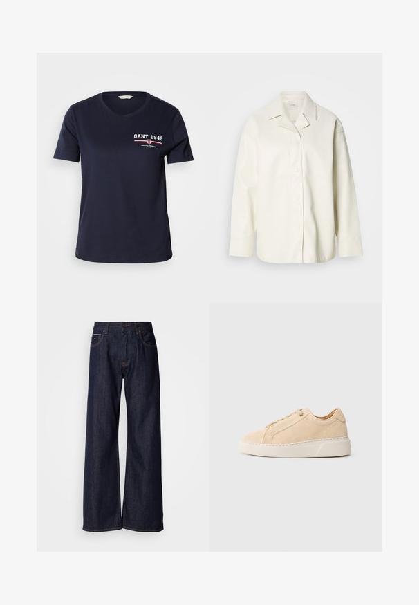 Chaqueta de camisa de imitación de cuero color crema con cuello, cierre de botones y mangas largas. Textura suave y corte relajado.; Camiseta de algodón azul marino con escote en V y mangas cortas, que presenta el texto del logo en blanco y rojo "GANT 1949" y detalles de diseño en el lado izquierdo del pecho.; Jeans de mezclilla oscura de pierna ancha con una cintura alta, con bolsillos frontales y detalles de costura sutiles. Textura suave con un corte clásico.; Zapatilla de ante beige con puntera redondeada, costuras tonales y suela gruesa de goma blanca. Cuenta con cordones planos y diseño minimalista.
