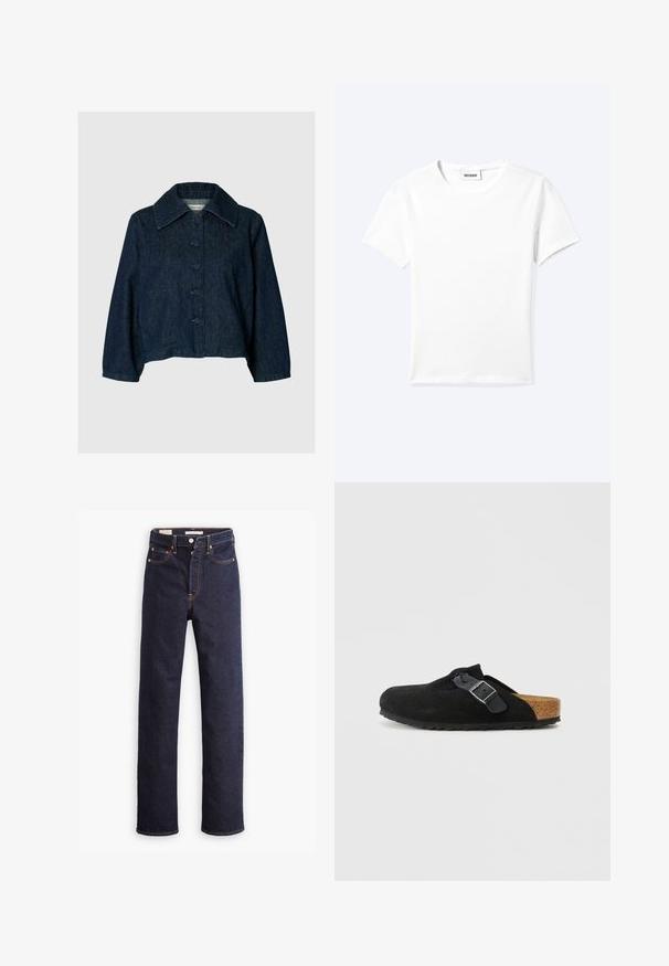 Chaqueta vaquera azul oscuro con cuello grande, mangas largas y cinco botones cubiertos de tela en la parte delantera.; Camiseta blanca lisa de manga corta con cuello redondo y una pequeña etiqueta "WEEKDAY" dentro del cuello, mostrada extendida sobre un fondo claro.; Jeans de mezclilla rectos de color azul oscuro con cinco bolsillos y costuras naranjas visibles sobre un fondo blanco.; Zuecos de ante negro sin cordones con correa ajustable de hebilla negra y plantilla de corcho contorneada sobre un fondo blanco liso.
