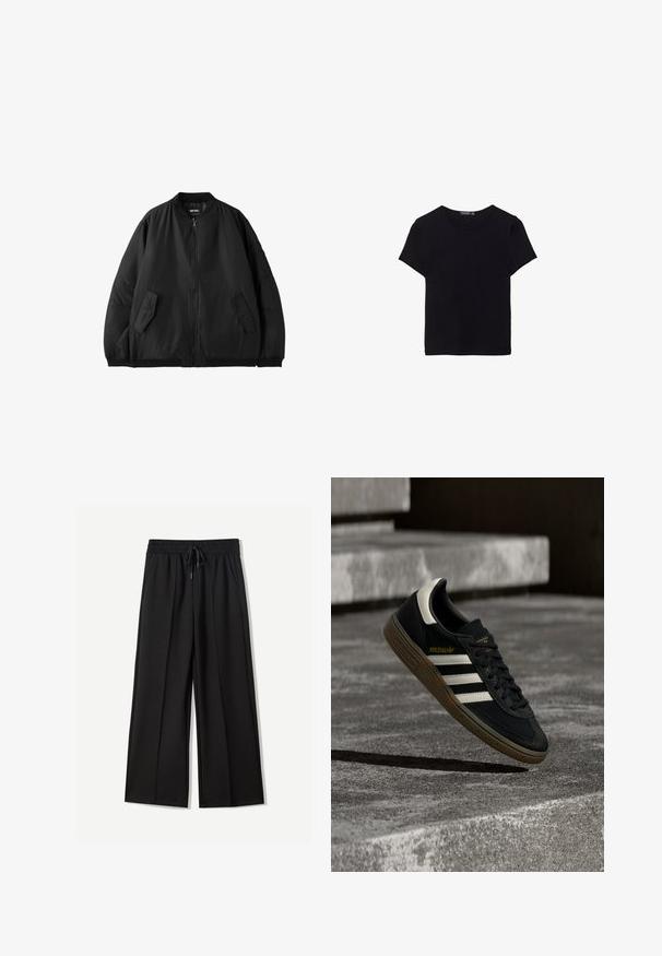 Sort bomberjakke med frontlynlås, to skrå klaplommer, ribbet krave, manchetter og kant, vist på en hvid baggrund.; Sort bomulds T-shirt med korte ærmer, rund hals og et enkelt design. Blød tekstur uden synlige mønstre eller accenter.; Sorte bukser med bred benvidde lavet af blødt stof. Har en elastisk talje med snøre og to sidelommer. Flad front med plisseringer.; Sort Adidas-sneaker med hvide striber og gummisåler, svævende over grå betontrapper i naturligt lys.