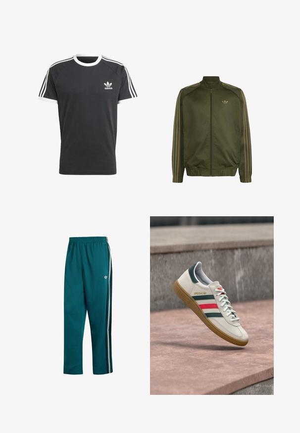 Chaqueta deportiva Adidas color verde oliva con cremallera completa en la parte delantera, cuello y puños acanalados, tres rayas en las mangas y pequeño logo trefoil en el pecho.; Camiseta negra con cuello y ribetes de las mangas en blanco, que presenta tres franjas horizontales blancas en cada hombro y un pequeño logo de Adidas en blanco.; Pantalones deportivos en color verde azulado con cintura elástica, bolsillos laterales y tres franjas laterales en negro, blanco y gris, con un pequeño logo blanco de Adidas.; Zapatilla blanca Adidas con franjas verdes y rojas, suela de goma y marca "SPEZIAL" flotando sobre pavimento de piedra.