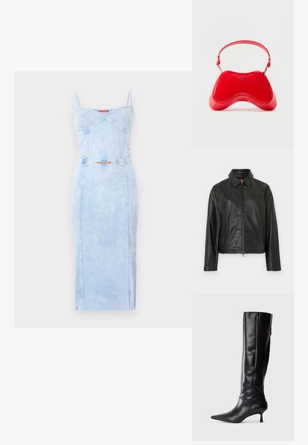 Veste en cuir noir avec un col classique, fermeture éclair à l'avant et deux poches latérales. Présente un logo discrètement embossé sur la poitrine. Texture lisse.; Robe midi ajustée bleu clair avec fines bretelles, détails de coutures, et ceinture assortie ornée d'une étiquette logo Diesel rouge et blanche.; Botte en cuir noir hautes jusqu'au genou avec un bout pointu et un talon fin et courbé. Texture lisse, design ajusté, sans matériel ni motifs visibles.; Sac en cuir verni rouge avec une forme incurvée et ergonomique, doté d'une fine sangle réglable et d'un discret logo sur le devant.