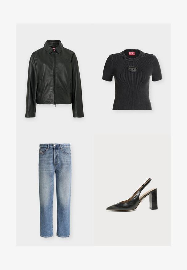 Veste en cuir noir avec un col classique, fermeture éclair à l'avant et deux poches latérales. Présente un logo discrètement embossé sur la poitrine. Texture lisse.; Haut noir côtelé à manches courtes avec col rond et petit détail ovale découpé sous le col, avec étiquette visible de la marque Diesel à l'intérieur du col.; Jean denim bleu délavé à jambes droites avec fermeture par bouton et zip, poches avant et poche monnaie, présenté sur un fond clair uni.; Chaussure slingback en cuir noir à bout pointu avec un talon bloc haut et une doublure intérieure beige sur un fond clair uni.