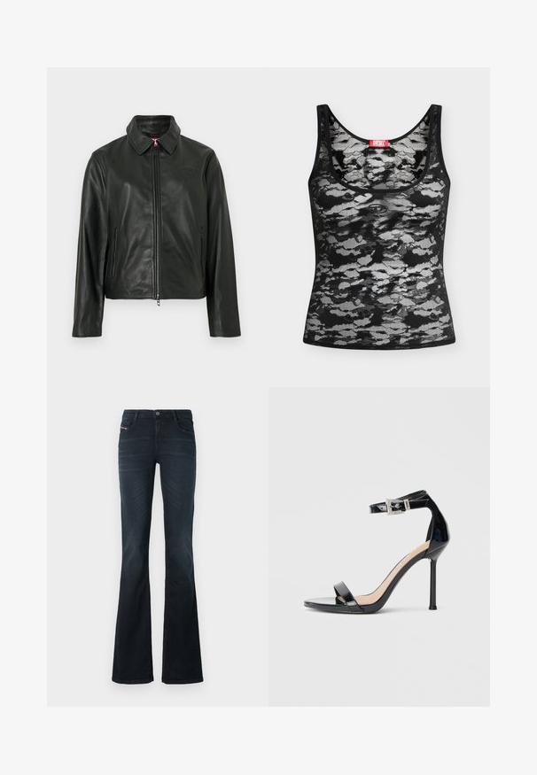 Veste en cuir noir avec un col classique, fermeture éclair à l'avant et deux poches latérales. Présente un logo discrètement embossé sur la poitrine. Texture lisse.; Débardeur en dentelle noir et blanc sans manches au motif camouflage abstrait et une étiquette rouge de la marque Diesel à l’encolure, posé à plat sur fond blanc.; Jean évasé en denim foncé avec une texture lisse, design à cinq poches et fermeture à bouton à la taille. Présente des détails de couture subtils.; Sandale à talon haut en cuir verni noir avec bride à la cheville. Présente un design minimaliste, un bout ouvert et une boucle ornée de strass.