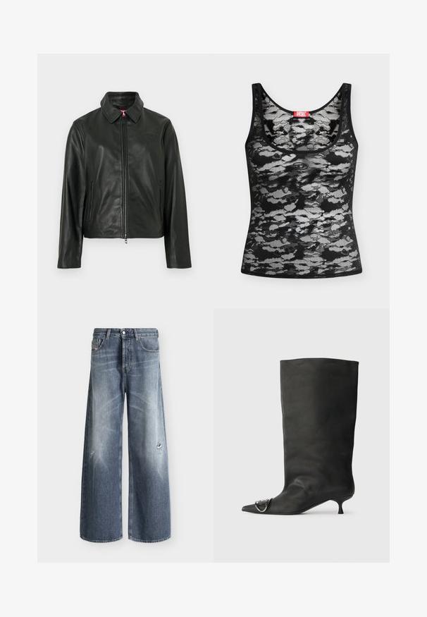 Veste en cuir noir avec un col classique, fermeture éclair à l'avant et deux poches latérales. Présente un logo discrètement embossé sur la poitrine. Texture lisse.; Débardeur en dentelle noir et blanc sans manches au motif camouflage abstrait et une étiquette rouge de la marque Diesel à l’encolure, posé à plat sur fond blanc.; Jean bleu à coupe large avec légère décoloration et petits détails usés sur le haut des cuisses, avec cinq poches et passants pour ceinture.; Bottines en cuir noir à bout pointu, petite talon et détail métallique sur le bout. Texture lisse et mate partout.