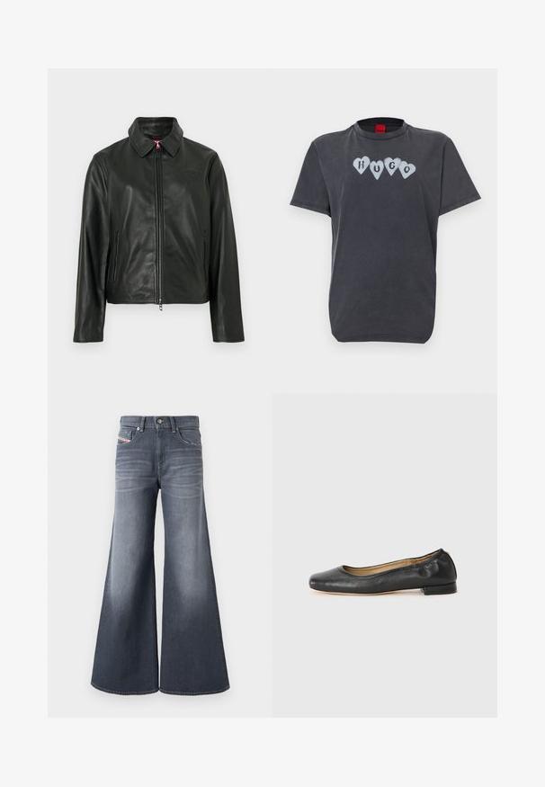Veste en cuir noir avec un col classique, fermeture éclair à l'avant et deux poches latérales. Présente un logo discrètement embossé sur la poitrine. Texture lisse.; T-shirt noir en coton avec un col rond, des manches courtes, et un motif imprimé de cœurs bleu clair avec "HUGO" en noir au centre.; Jean denim gris foncé à jambes larges avec poches avant, passants pour ceinture, et fermeture par bouton, présentant des détails subtils délavés sur les cuisses.; Ballerines en cuir noir avec un bout arrondi et des coutures minimales. Talon bas et rectangulaire avec une texture lisse. Détails subtils de doublure intérieure.