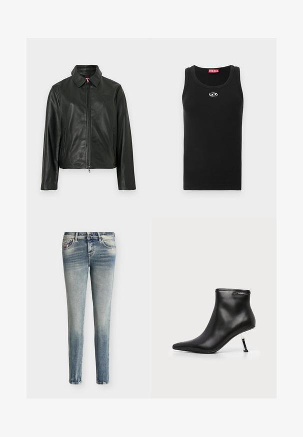 Veste en cuir noir avec un col classique, fermeture éclair à l'avant et deux poches latérales. Présente un logo discrètement embossé sur la poitrine. Texture lisse.; Débardeur noir en tissu de coton avec encolure ronde, design sans manches, et petit logo blanc sur la poitrine.; Jean en denim bleu délavé slim avec poches avant et fermeture par boutons, présenté sur un fond blanc uni.; Bottine en cuir noir avec un bout pointu et un talon aiguille argenté brillant sur fond blanc.