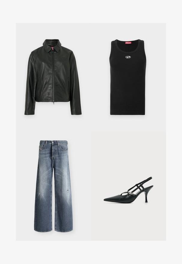 Veste en cuir noir avec un col classique, fermeture éclair à l'avant et deux poches latérales. Présente un logo discrètement embossé sur la poitrine. Texture lisse.; Débardeur noir en tissu de coton avec encolure ronde, design sans manches, et petit logo blanc sur la poitrine.; Jean bleu à coupe large avec légère décoloration et petits détails usés sur le haut des cuisses, avec cinq poches et passants pour ceinture.; Escarpin slingback en cuir noir à bout pointu avec fines brides et une petite boucle décorative argentée sur le côté.