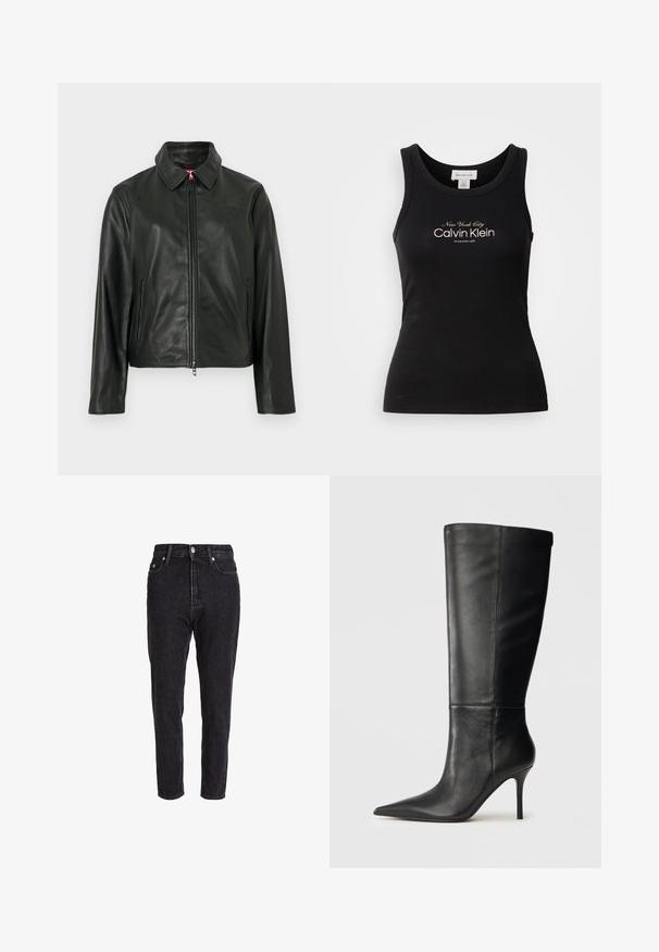 Schwarze Lederjacke mit klassischem Kragen, Reißverschluss vorne und zwei Seitentaschen. Mit dezent geprägtem Logo auf der Brust. Glatte Textur.; Schwarzes, geripptes ärmelloses Tanktop mit der Aufschrift "New York City Calvin Klein Established 1968" in Weiß auf der Brust.; Schwarze Jeans aus Denim mit hoher Taille, zulaufenden Beinen und klassischem Fünf-Taschen-Design. Der Stoff hat eine leicht strukturierte und robuste Textur.; Schwarze Lederstiefel bis zum Knie mit spitzem Zehenbereich und schlankem Stiletto-Absatz, glatte Textur, Seitenansicht auf neutralem Hintergrund.