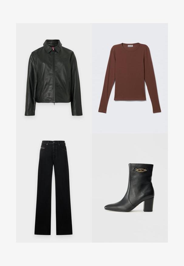Veste en cuir noir avec un col classique, fermeture éclair à l'avant et deux poches latérales. Présente un logo discrètement embossé sur la poitrine. Texture lisse.; T-shirt à manches longues en tissu marron foncé. Il présente un col rond et un design simple et ajusté sans motifs ni éléments métalliques visibles.; Jean noir à jambes larges en denim, avec une fermeture frontale à boutons, cinq poches, et un petit patch logo sur la ceinture.; Bottine en cuir noir avec un bout pointu, un talon bloc et un détail en chaîne dorée avec les initiales entrelacées "SM".