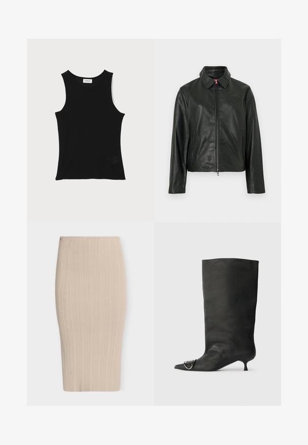 Veste en cuir noir avec un col classique, fermeture éclair à l'avant et deux poches latérales. Présente un logo discrètement embossé sur la poitrine. Texture lisse.; Débardeur noir à côtes avec un encolure ronde et de larges bretelles, présentant une finition texturée subtile et un petit détail en mesh au bas.; Jupe crayon en maille côtelée beige avec taille haute et ourlet à hauteur du genou.; Bottines en cuir noir à bout pointu, petite talon et détail métallique sur le bout. Texture lisse et mate partout.