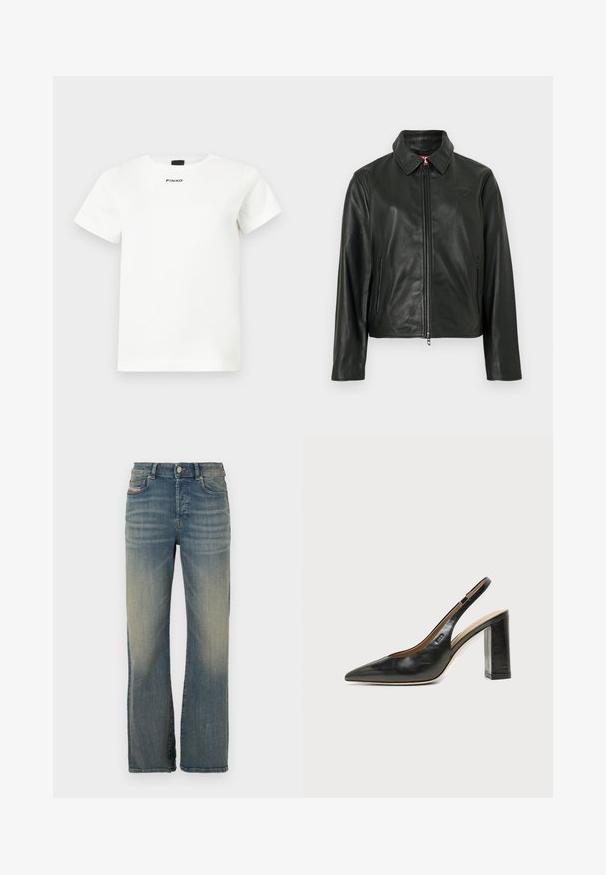 Veste en cuir noir avec un col classique, fermeture éclair à l'avant et deux poches latérales. Présente un logo discrètement embossé sur la poitrine. Texture lisse.; T-shirt blanc à manches courtes avec col rond, design minimaliste, et logo "PINKO" centré sous l'encolure.; Jean en denim bleu clair avec une coupe droite. Doté d'une fermeture à bouton, de poches avant et d'un léger délavage au niveau des cuisses.; Chaussure slingback en cuir noir à bout pointu avec un talon bloc haut et une doublure intérieure beige sur un fond clair uni.