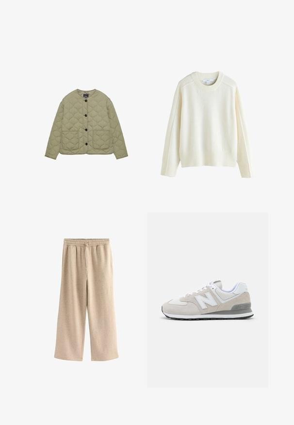 Pussillinen oliivinvihreä takki pyöreällä kaula-aukollla, mustilla nappikiinnityksellä, kahdella etutaskulla ja teksturoidulla kuviolla. Pehmeä kangaspinta.; Next CREW NECK - Neule - ecru; Beige levelet housut, jotka on valmistettu pehmeästä kankaasta. Housuissa on joustava vyötärö, jossa on nyöritys, sekä hienovarainen rosoinen kuviointi kauttaaltaan.; Vaaleat beige-tossut, joissa on yhdistelmä mokkaa ja verkkomateriaaleja. Suunnittelu sisältää näkyvän valkoisen logon ja harmaita yksityiskohtia. Kumia oleva pohja.