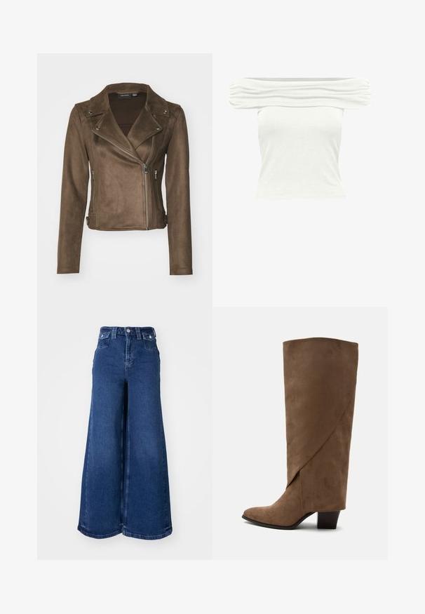 Brun faux suede motorcykeljakke med et udskåret krave, asymmetrisk lynlås, sidelommer og lange ærmer. Glat tekstur og tætsiddende design.; Hvid off-shoulder ribbet cropped top med rynket detalje langs halsudskæringen og kort, tætsiddende snit.; Bredde ben jeans i mørkeblå denim, der har høj talje, frontlukning med knap og to forlommer. Glat tekstur med minimal syning.; Brun ruskind knehøj støvle med en foldet detalje og en mellemhøj blokhæl, vist fra siden på en hvid baggrund.
