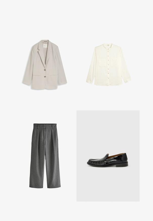 Blazer para mujer de color beige claro con dos botones, solapa con muesca y bolsillos frontal de ojal, colocado plano sobre un fondo blanco.; Camisa blanca de manga larga con cuello redondeado, cierre frontal de botones y dos bolsillos en el pecho. Tejido suave con una textura lisa.; Pantalones anchos gris de tejido entrelazado con un acabado texturizado, con una cintura ajustada y diseño de frente plisado, dos bolsillos laterales.; Mocasines de charol negro con un diseño de flecos en la parte delantera y puntera redonda. La suela es plana y texturizada para mayor agarre.