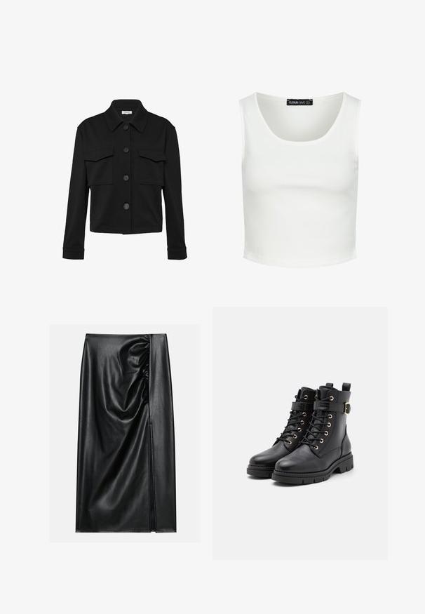 Zwarte cropped jas met een kraag, twee borstzakken en knoopsluitingen. Gemaakt van een zachte, lichte stof.; Witte geribbelde cropped tanktop met brede schouderbandjes en ronde halslijn, gelabeld Cloud Five maat small.; Zwarte leren rok met een soepele textuur, voorzien van een geplooid gedeelte aan één kant en een zijspleet voor extra detail.; Zwarte leren enkelboots met een ronde neus, vetersluiting, gouden oogjes, een gespaccent en een chunky, gestructureerde zool.