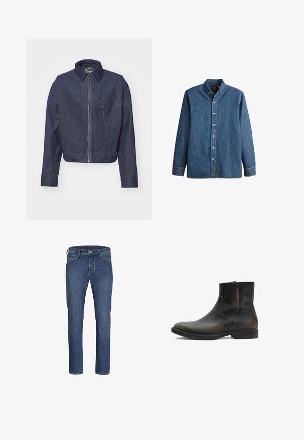 WOOD WOOD WWTWISTED SEAM CHORE - Leichte Jacke - envy green; Denim-Hemd in Mittelblau, mit langen Ärmeln, spitzem Kragen, weißen Knöpfen und einer taillierten Passform sowie dezentem Logostick.; Herren Jeans aus blauem Denim mit geradem Bein, fünf Taschen und klassischem Knopf- und Reißverschluss.; AllSaints LANG - Stiefelette - brown