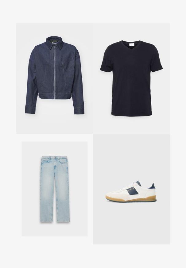 WOOD WOOD WWTWISTED SEAM CHORE - Leichte Jacke - envy green; Schwarzes V-Ausschnitt-T-Shirt aus Baumwolle, mit kurzen Ärmeln und lockerer Passform. Einfaches Design, keine Muster oder zusätzlichen Akzente.; Hellblaue Jeans aus Denim mit geradem Bein, fünf Taschen und einem verwaschenen Finish. Metallbeschläge und gestickte Details sind sichtbar.; Weiße Sneakers mit marineblauen Akzenten, aus Wildleder und Leder, runde Spitze und Gummisohle. Mit Logo an der Seite und Rückseite.