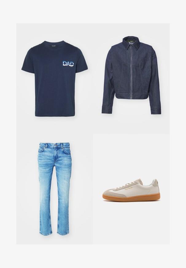 WOOD WOOD WWTWISTED SEAM CHORE - Veste légère - envy green; T-shirt en coton bleu marine à manches courtes. Présente un texte graphique blanc "DAD" sur le côté gauche, dans une police audacieuse. Design simple et décontracté.; Jean en denim bleu avec un lavage délavé, design à jambe droite et ourlet brut. Présente une coupe cinq poches et des détails en métal sur les boutons.; Baskets basses blanches et beiges avec semelle en caoutchouc, lacets blancs, détails en daim et logo doré "Paul Smith" sur le côté.