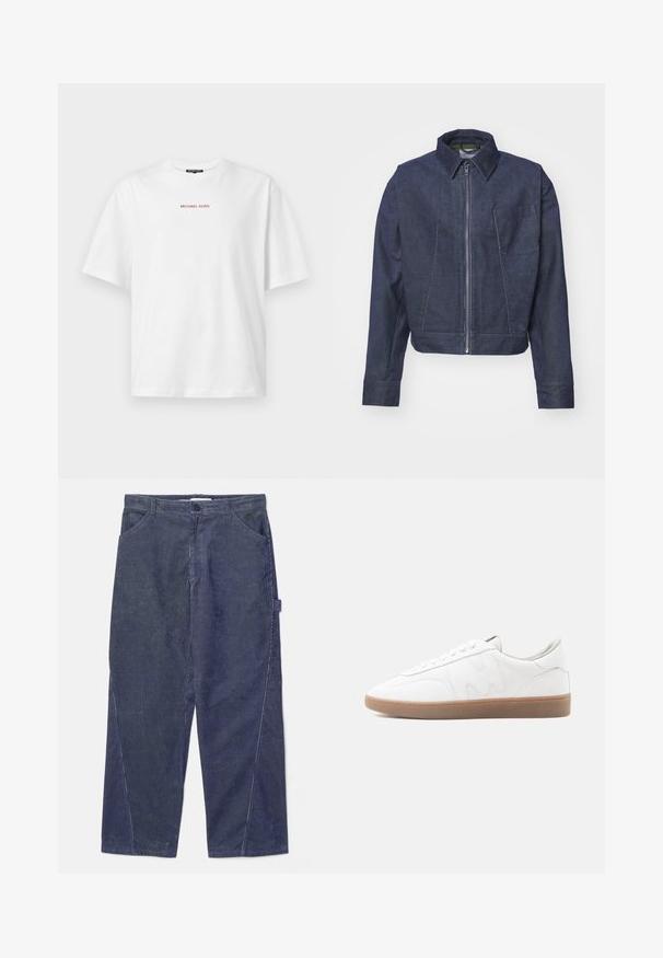 WOOD WOOD WWTWISTED SEAM CHORE - Suvejakk - envy green; Valge lühikeste varrukatega t-särk, mille kaelus on pyöre kaelaga, rinnal keskelt väike punane "MICHAEL KORS" tekst.; WOOD WOOD WWWILSON TWISTED SEAM TROUSERS - Püksid - envy green; Valged madalad tossud pruunikate kummipõhjaga, õmmeldud detailide ja nööritava kinnitusega, neutraalsel taustal.