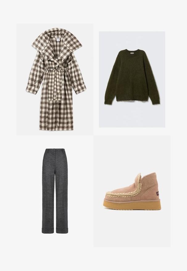 Brun og creme ternet morgenkåbe med bred krave, bæltesyning i taljen og lange ærmer, lavet af blødt stof.; Grøn sweater i mohair-blanding med lange ærmer, rund hals og en blød, let luddent tekstur, med en afslappet pasform og uden synlige lukninger.; Grå uldbukser med fiskebenmønster, lige ben, opsmøgede kanter og taljebånd med bæltestropper.; Suede ankelstøvler i lys pink med et tekstureret fletdesign langs kanten og en tyk gummisål i en kontrasterende brun farve.