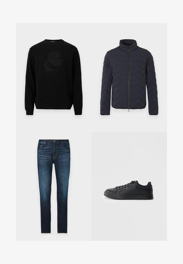 Mørk quiltet dunjakke med høj krave, lynlås foran og chevronmønster. Fremstillet af let, isolerende materiale.; Sort sweatshirt med rund halsudskæring, prydet med et hævet sort silhuetdesign på forsiden, lavet af et blødt, struktureret stof.; Mørkeblå denim jeans med lige pasform, der har fem lommer, orange syninger og en glat overflade.; Sorte lædersneakers med lavt design, rund tå, flade snørebånd og struktureret sål. Har et lille farvet logo på siden.