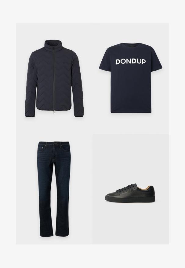 Mørk quiltet dunjakke med høj krave, lynlås foran og chevronmønster. Fremstillet af let, isolerende materiale.; Mørkeblå T-shirt med korte ærmer og hvid "DONDUP" logo centreret på brystet, rund hals, ensfarvet design.; Mørkeblå denimjeans med lige ben, der har et klassisk fem-lomme design og subtile syninger.; Sorte lavtop lædersneakers med tekstureret overflade, sorte snørebånd og tyk gummisål, vist fra siden på en lys baggrund.