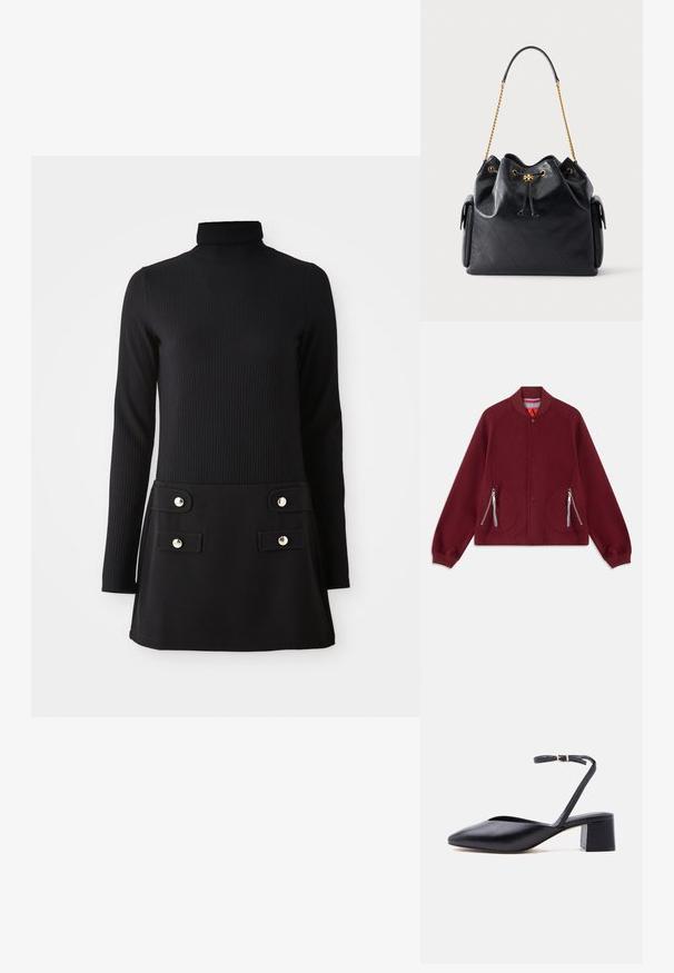 Veste bordeaux avec un col rond, fermeture à boutons et deux poches zippées. Fabriquée en tissu texturé avec une doublure intérieure contrastante.; Robe noire en maille côtelée à col roulé, avec manches longues, présentant un corsage ajusté et une jupe évasée avec deux poches avant et des boutons dorés.; Chaussure noire en cuir à talon bas carré, bout pointu et fine bride de cheville avec boucle dorée sur fond clair.; Sac à main en cuir matelassé noir avec bandoulière chaîne dorée, fermeture à cordon et poches latérales sur un fond clair uni.