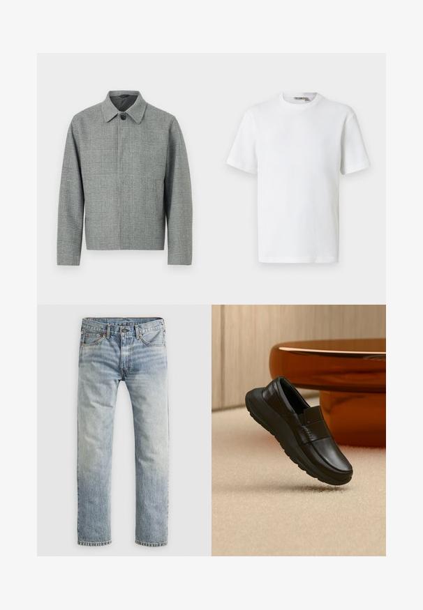 Grau kariertes Sakko mit Kragen, vorderem Knopfverschluss, langen Ärmeln und taillierter Passform. Aus strukturiertem Stoff mit Muster.; Weißes, kurzärmeliges T-Shirt mit Waffelstrick und Rundhalsausschnitt, mit kleinem Markenetikett im Kragen, auf einfarbigem Hintergrund präsentiert.; Hellblaue gerade geschnittene Jeans mit Knopfverschluss, Fronttaschen und Gürtelschlaufen, flach auf weißem Hintergrund präsentiert.; Schwarzer Ledermokassin mit dicker Sohle, dargestellt über beigem Teppich und nahe einer runden bernsteinfarbenen Tischbasis.