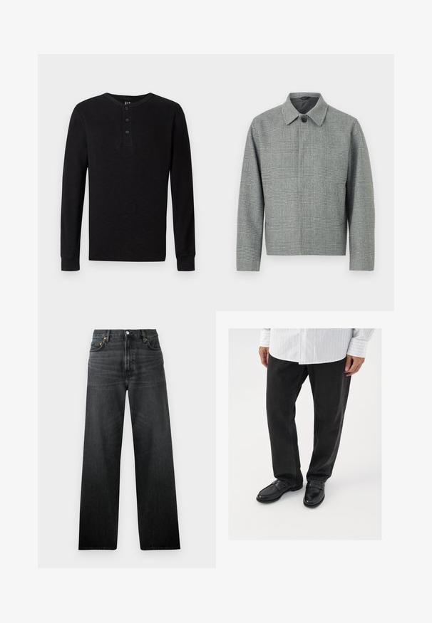 Chaqueta gris a cuadros con cuello, cierre frontal de botones, mangas largas y un corte estructurado. Fabricada con tejido texturizado con un patrón.; Camisa henley de manga larga negra con un botón de tres en el cuello, textura suave y puños acanalados, que presenta un corte clásico y un diseño minimalista.; Jeans de mezclilla negros con un diseño de pierna recta, que cuentan con cinco bolsillos y un cierre de botón. La tela tiene un ligero brillo y una textura visible.; Pantalones de mezclilla negros combinados con mocasines negros brillantes. La camisa es blanca con finas rayas verticales, de mangas largas y con cuello abotonado.