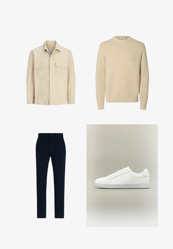 Chemise beige à manches longues avec deux poches à rabat boutonnées à l'avant et un col classique.; Pull tricoté beige uni à col rond, manches longues avec poignets et bas côtelés.; Chinos bleu marine en tissu doux et résistant. Comprend une fermeture à bouton, des passants de ceinture et un design à jambe droite. Pas de motifs visibles.; Baskets blanches basses à lacets sur l'avant avec semelle en caoutchouc texturée, sur fond neutre uni.