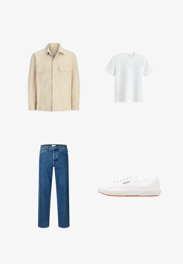 Beige langærmet skjorte med knapper foran, to forlommer med knapklapper og klassisk krave.; Hvid kortærmet bomulds t-shirt med rund halsudskæring, vist på hvid baggrund.; Blå straight-leg denim jeans med knap- og lynlåslukning, bæltestropper og fem-lomme-design.; Hvide kanvas sneakers med gummisål, snørebåndsdesign og et lille logo mærke på siden. Tekstureret hvid overdel og brun ydersål.