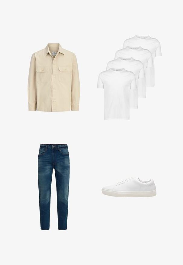 Camisa beige de manga larga con botones delanteros, dos bolsillos frontales con solapa abotonada y cuello clásico.; Camisetas de algodón blancas, de manga corta, con cuello redondo, textura suave, cuatro piezas apiladas con diseño consistente y sin patrones ni acentos.; Vaqueros de mezclilla azul con corte recto, cierre frontal con botón y cremallera, y cinco bolsillos, mostrados sobre un fondo blanco liso.; Zapatilla de cuero blanco con textura suave, puntera redonda, cierre de cordones y suela de goma plana. Diseño minimalista sin patrones visibles.