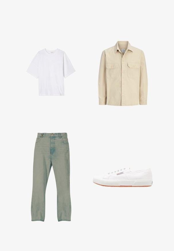 Camisa beige de manga larga con botones delanteros, dos bolsillos frontales con solapa abotonada y cuello clásico.; Camiseta blanca de manga corta hecha de tejido suave. Presenta un escote redondo y un corte relajado con un dobladillo recto. Sin patrones ni hardware.; Vaqueros de pierna recta en azul claro con botón delantero, trabillas para cinturón y bolsillos delanteros, mostrados sobre un fondo blanco.; Zapatillas de lona blancas con suela de goma, diseño de cordones y una pequeña etiqueta con el logo en el lateral. Parte superior texturizada blanca y suela marrón.