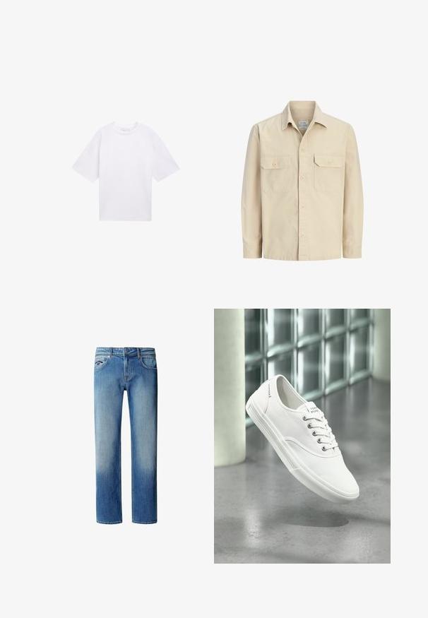 Beige overhemd met lange mouwen, knoopsluiting, twee voorzakken met klep en knopen en een klassieke kraag.; Witte T-shirt met korte mouwen van katoen. Ontspannen pasvorm met een ronde hals. Glad materiaal zonder zichtbare patronen of accenten.; Lichtblauwe jeans met rechte pijpen, knoop en ritssluiting aan de voorkant, vijfzakkenstyle en subtiele vervaging op dijen en knieën.; Witte lage canvas sneaker met veters, met label Tommy Hilfiger, getoond zwevend boven een gladde grijze vloer nabij een muur van glasblokken.