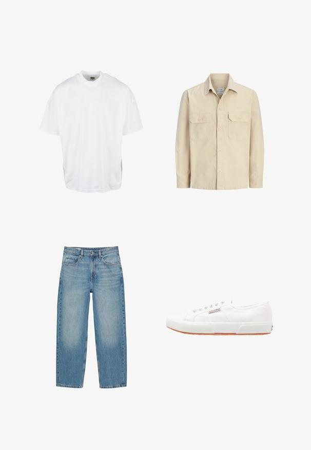 Beige overhemd met lange mouwen, knoopsluiting, twee voorzakken met klep en knopen en een klassieke kraag.; Witte katoenen t-shirt met een relaxte pasvorm, korte mouwen en een ronde halslijn, met een rechte zoom en geen zichtbare grafische afbeeldingen of patronen.; Blauwe jeans met rechte pijpen, voorzakken, riemlussen, knoopsluiting en subtiele vervaagde details op dijen en knieën.; Witte canvas sneakers met een rubberen zool, vetersluiting en een klein logolabel aan de zijkant. Gewreven wit bovenwerk en een bruine zool.